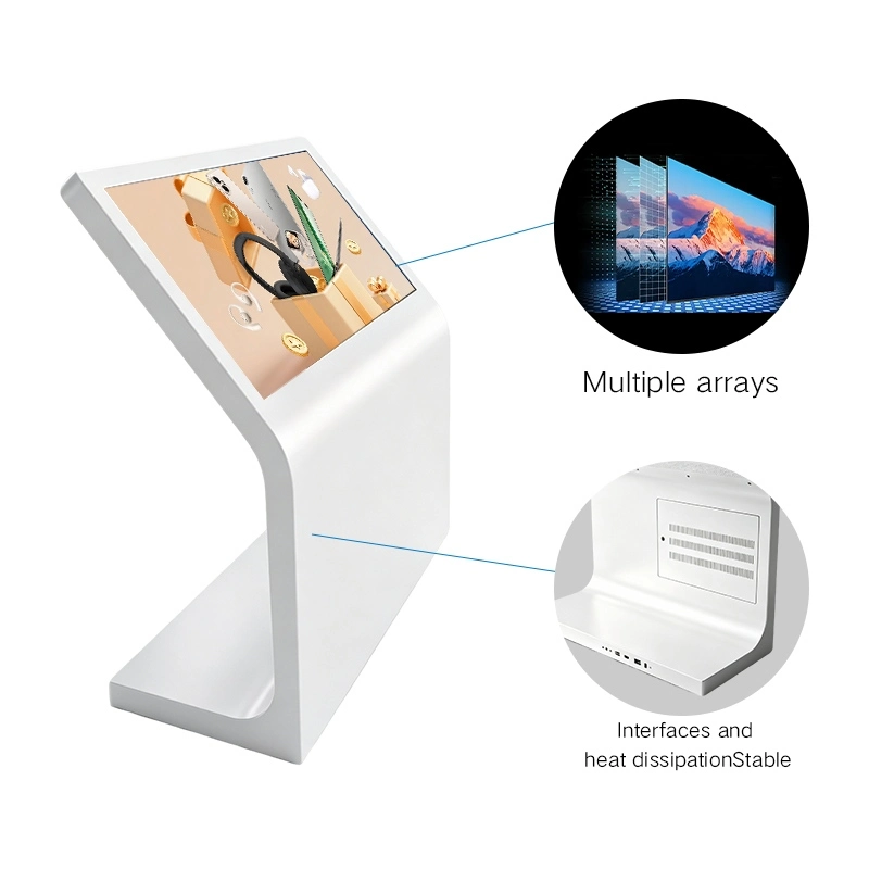 L-shaped touch screen kiosk with multiple display arrays and rear cooling structure
